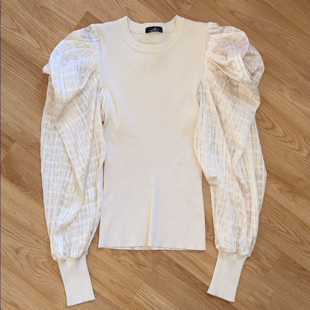 Victorias Boutique Cream Plaid Puff Long Sleeve Top Ribbed Size Medium